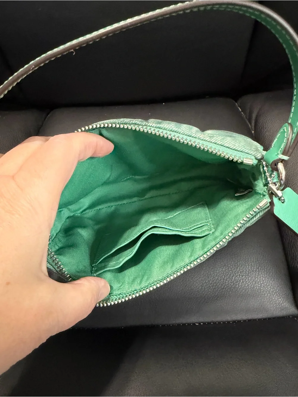 Coach Nolia Green denim silver hardware wristlet/mini bag